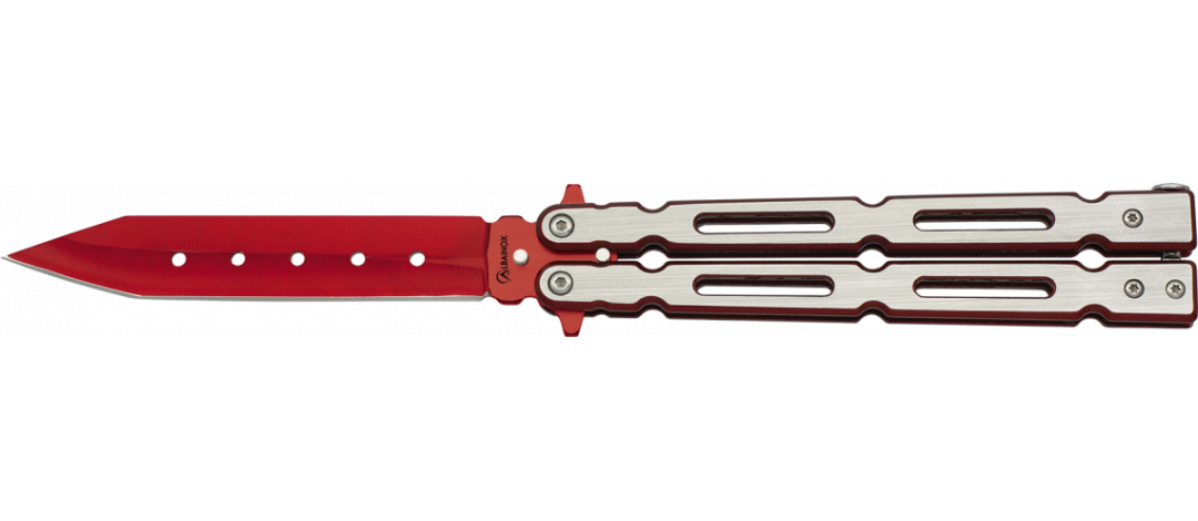 Couteau Papillon acier brossé rouge avec lame de 10cm