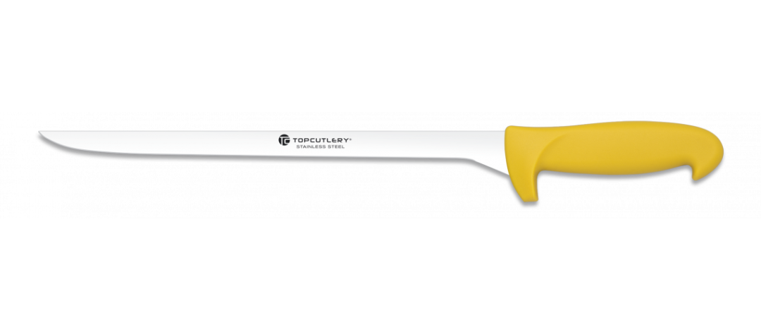 Couteau à jambon manche polymere jaune et lame spéciale jambon de 29cm fine.
