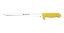 Couteau à jambon manche polymere jaune et lame spéciale jambon de 29cm fine.