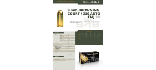 BOITE DE 50 CARTOUCHES SELLIER BELLOT CAL. 9 BROWNING COURT / 380 AUTO FMJ 92GRS - CATEGORIE B
