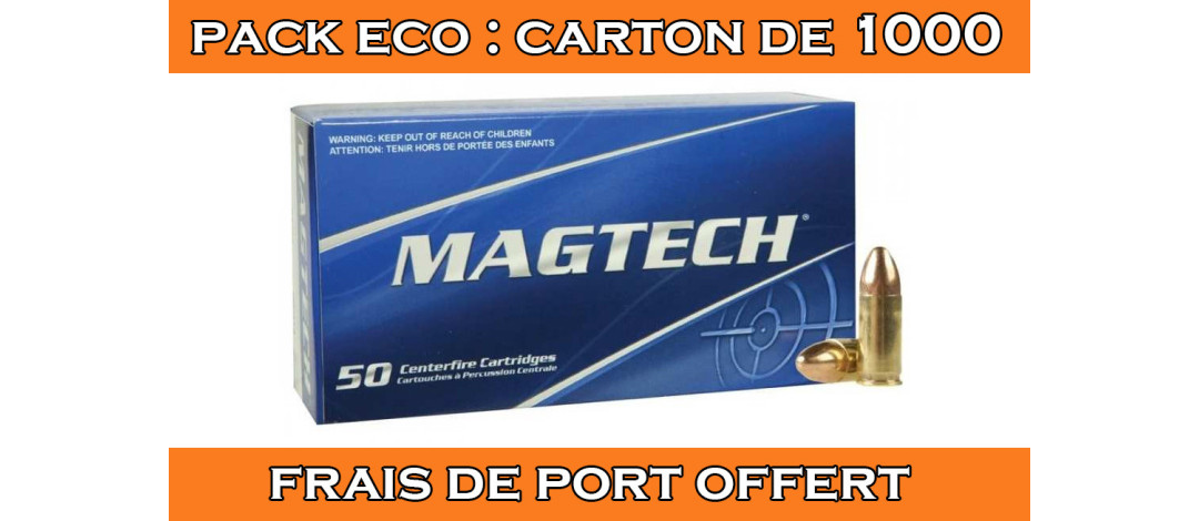 OFFRE ECO - CARTON DE 1000 CARTOUCHES MAGTECH CAL.9x19 / 9 PARABELLUM / 9 LUGER FMJ 124GRS - CATEGORIE B