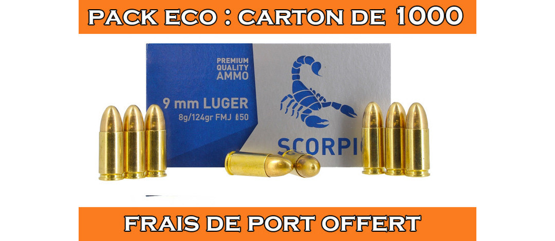 OFFRE ECO - CARTON DE 1000 CARTOUCHES STV CAL.9x19 / 9 PARABELLUM / 9 LUGER FMJ 124GRS - CATEGORIE B