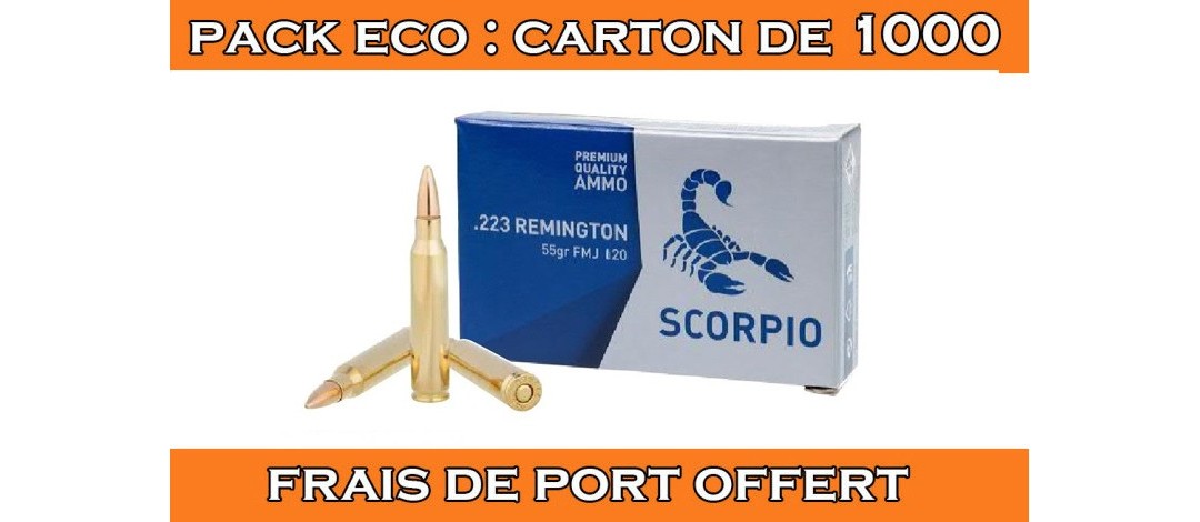 OFFRE ECO - CARTON DE 1000 CARTOUCHES STV CAL.223REM FMJ 55GRS - CATEGORIE B