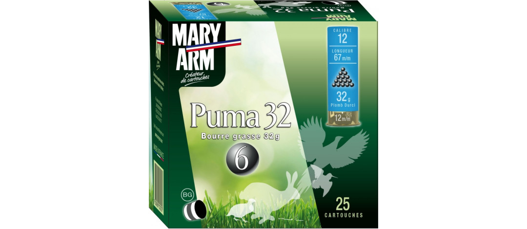 BOITE DE 25 CARTOUCHES MARY ARM PUMA 32G BOURRE GRASSE CAL.12/70 PLOMB 6