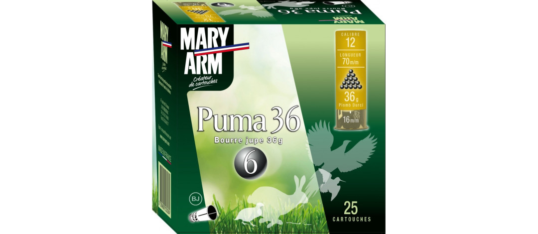 BOITE DE 25 CARTOUCHES MARY ARM PUMA 36G BOURRE JUPE CAL.12/70 PLOMB 4