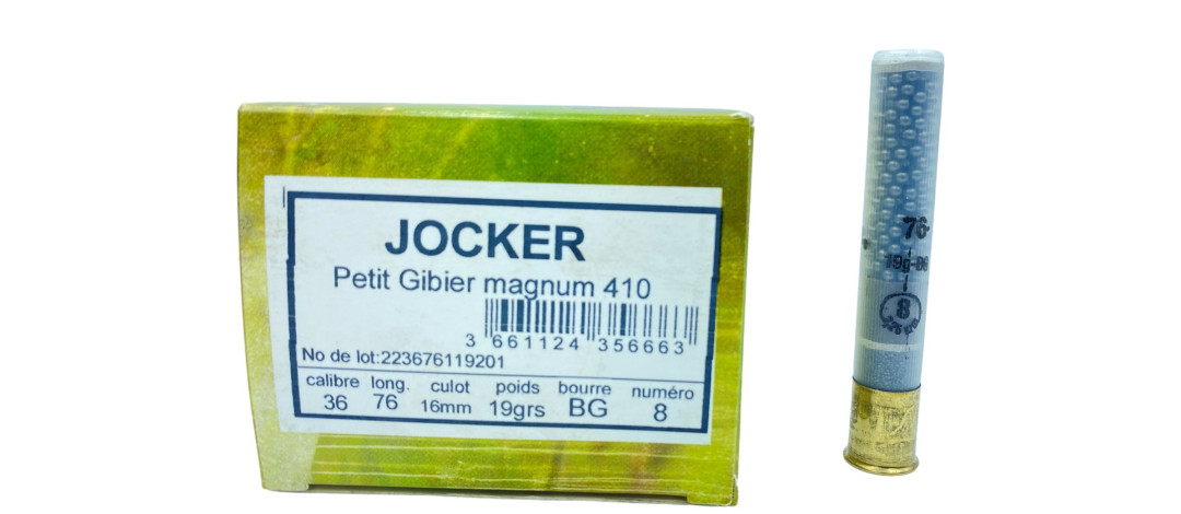 BOITE DE 25 CARTOUCHES JOCKER PETIT CALIBRE 19G BOURRE GRASSE CAL.410/76 PLOMB 8