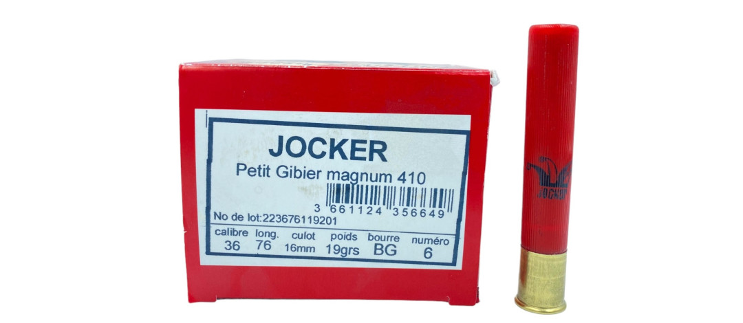 BOITE DE 25 CARTOUCHES JOCKER PETIT CALIBRE 19G BOURRE GRASSE CAL.410/76 PLOMB 6
