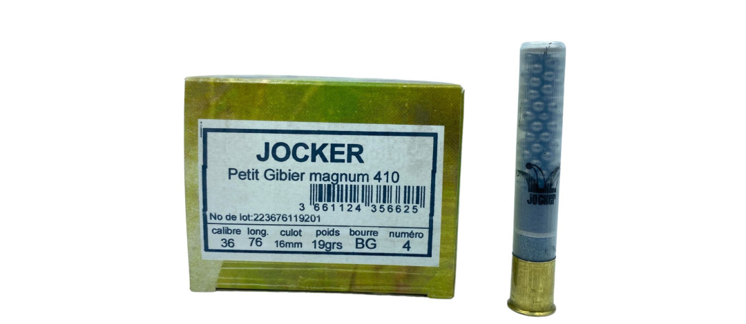 BOITE DE 25 CARTOUCHES JOCKER PETIT CALIBRE 19G BOURRE GRASSE CAL.410/76 PLOMB 4