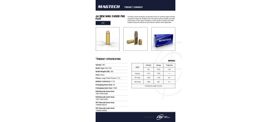 BOITE DE 50 CARTOUCHES MAGTECH CAL.44REM MAG FMJ FLAT NOSE 240GR